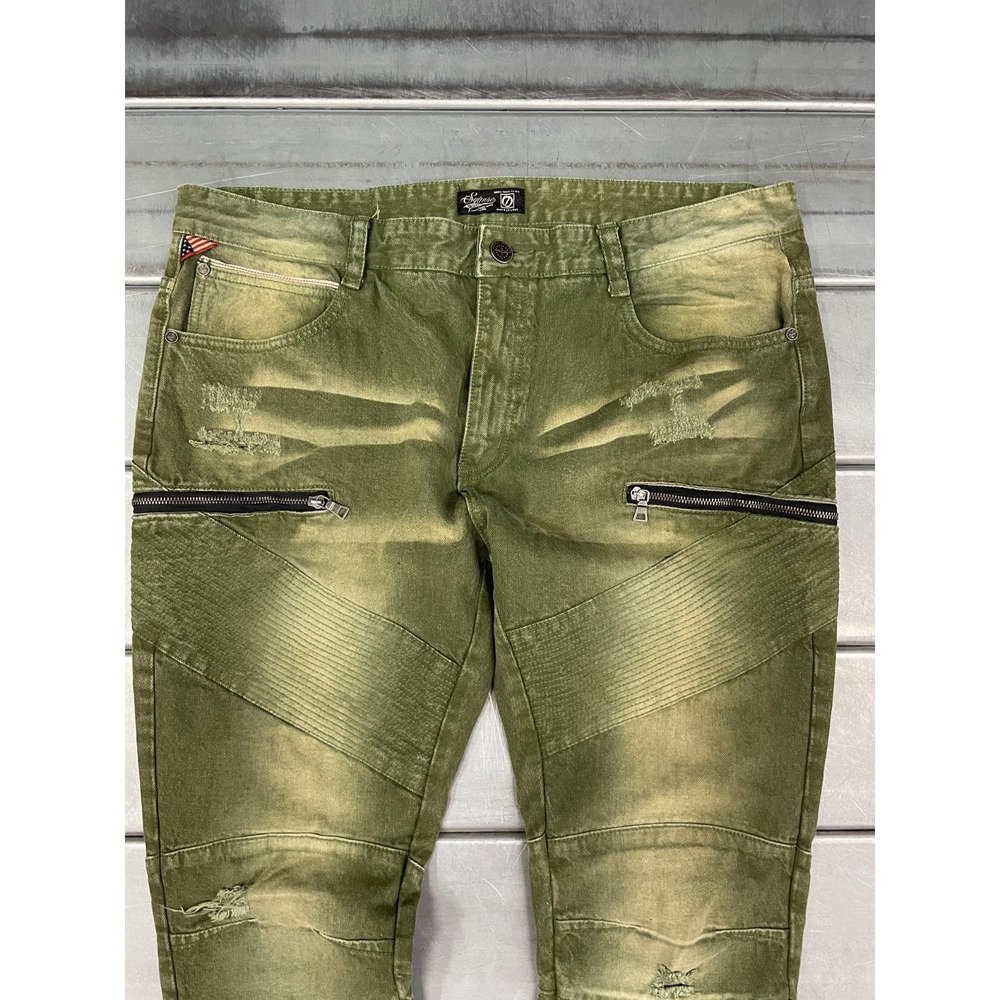 Square Zero Slim Straight Jeans Mens 40x33 Green Denim Faded Distressed Moto - Picture 2 of 16